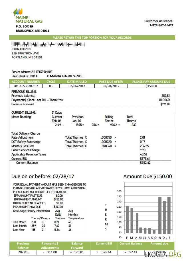 USA Maine Natural Gas Portland utility bill template in Word and PDF format